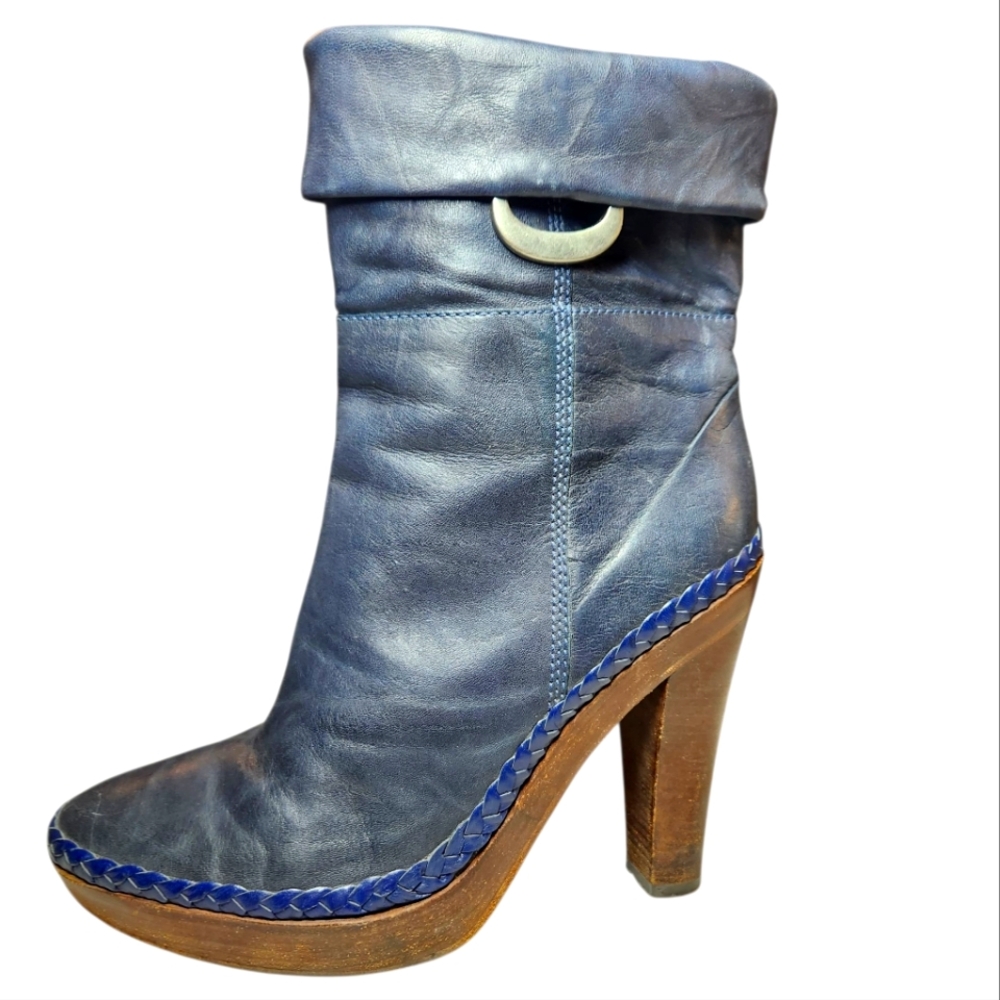 Cole Haan Navy Blue Leather Heeled Boots with Brown Wood Platform